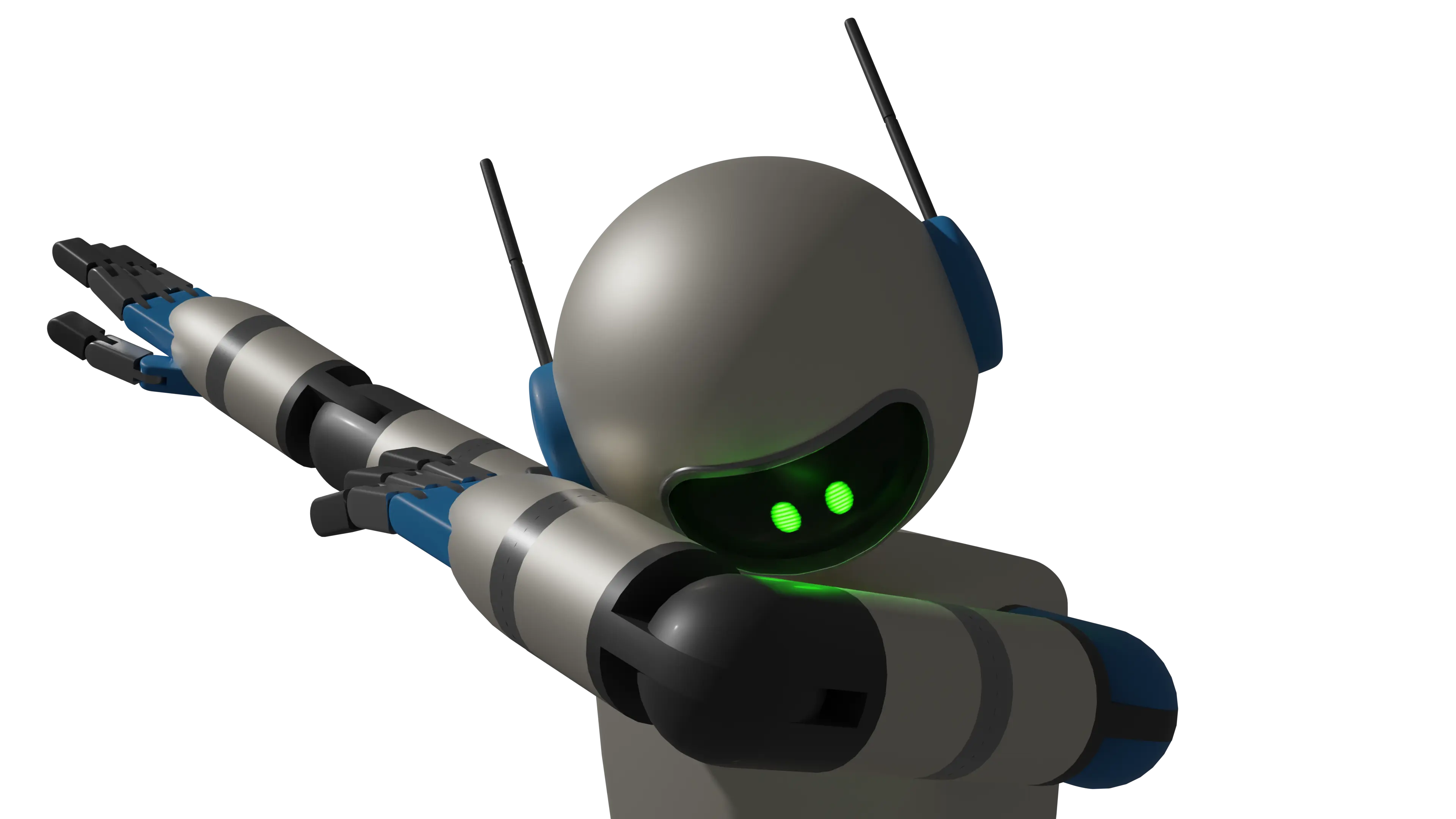 3D render closeup of a robot performing a dab.