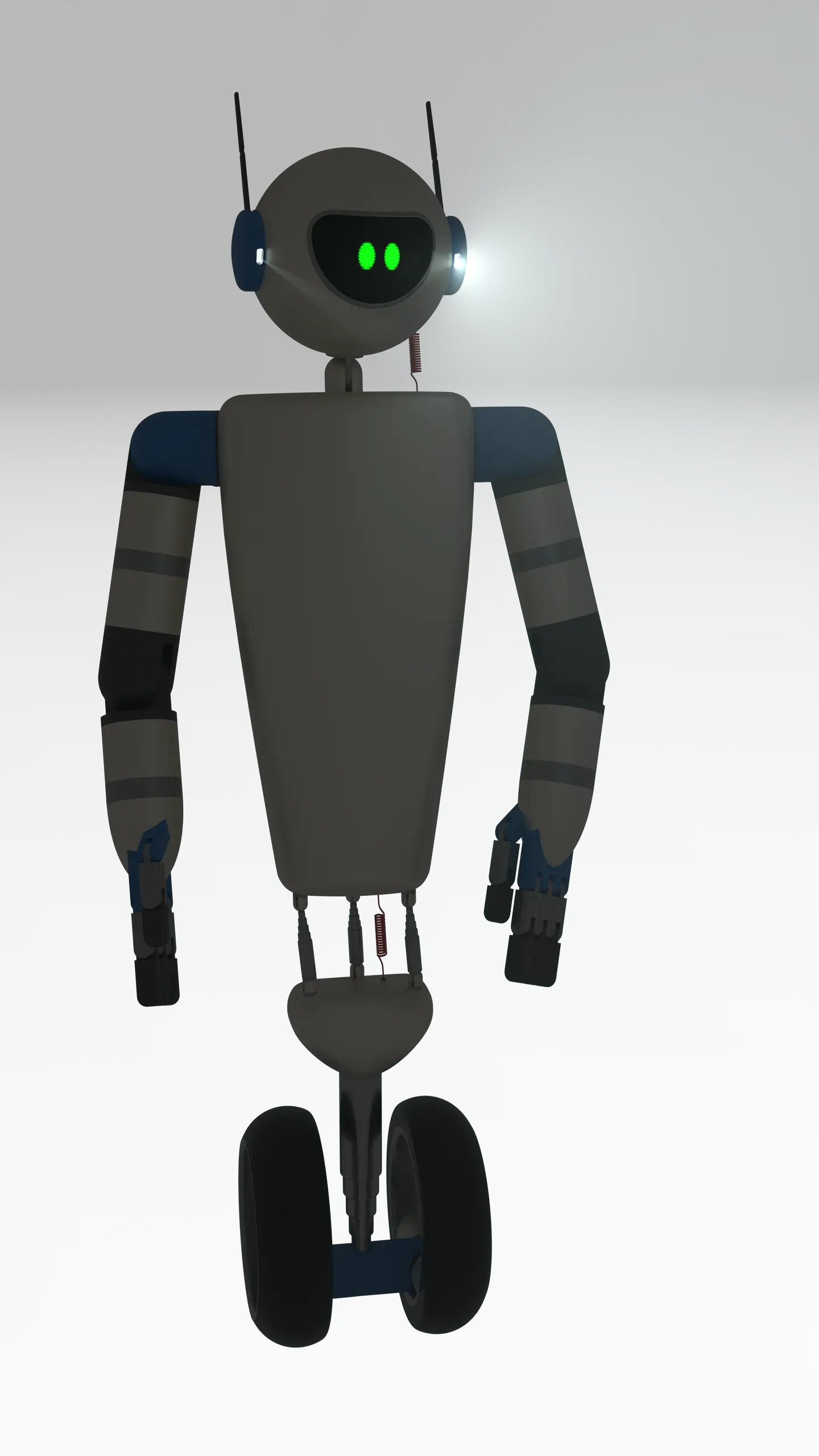 3D render of a robot in a fog filled environment. The robot has headlights on its head.