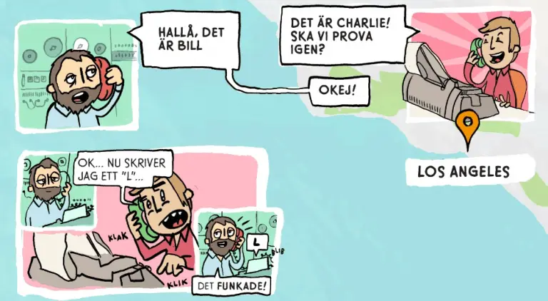 Tecknad serie som representerar ett telefonsamtal mellan tv&aring; karakt&auml;rer: Hall&aring; det &auml;r Bill. - Det &auml;r Charlie! Ska vi prova igen? - Okej! - Ok... Nu skriver jag ett &quot;L&quot;... - Det funkade!